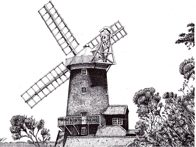 new pen and ink drawing of cley windmill added to house building 